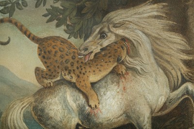 Lot 251 - BENJAMIN ZOBEL (GERMAN / BRITISH, 1762-1831): A RARE SAND PAINTING OF A LEOPARD ATTACKING A HORSE, 1823