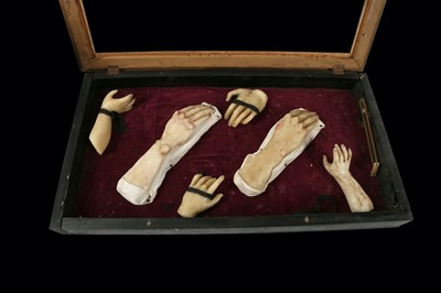 Lot 126 - A LATE 19TH / EARLY 20TH CENTURY CASED COLLECTION OF WAX HANDS