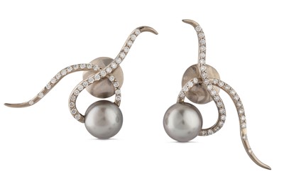 Lot 14 - Antje Géczy | A pair of cultured pearl and diamond earrings, 2007