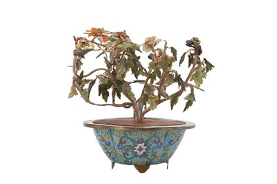 Lot 822 - A CHINESE CLOISONNE ENAMEL JARDINIERE WITH HARDSTONE PLANTS.
