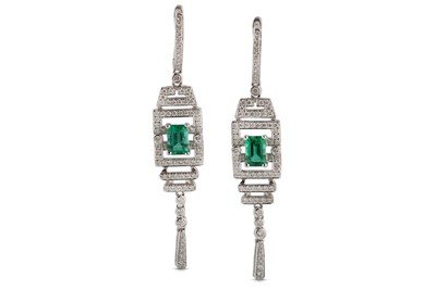 Lot 172 - A pair of emerald and diamond pendent earrings
