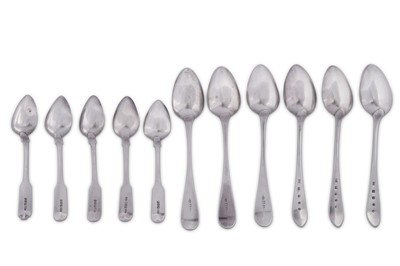 Lot 357 - A mixed group of George III Scottish silver flatware including three provincial dessert spoons, Aberdeen circa 1800 by Nathaniel Gillet