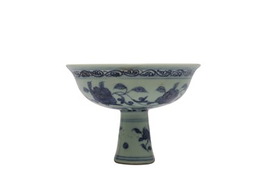 Lot 240 - A CHINESE BLUE AND WHITE 'PEONIES' STEM BOWL