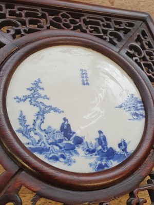 Lot 37 - A CHINESE BLUE AND WHITE ‘TAO YUANMING’ TABLE SCREEN.