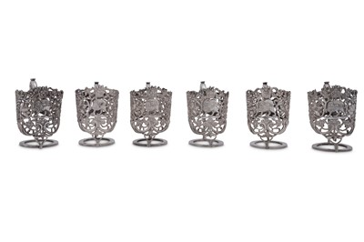 Lot 242 - A set of six early 20th century Iranian (Persian) unmarked silver tea glass holders, Shiraz circa 1930