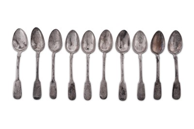 Lot 163 - Seven Nicholas II Russian 84 Zolotnik (875 standard) silver dessert spoons, Moscow 1908-18 by I.P Klebnikov & Sons (active 1888 – 1918)