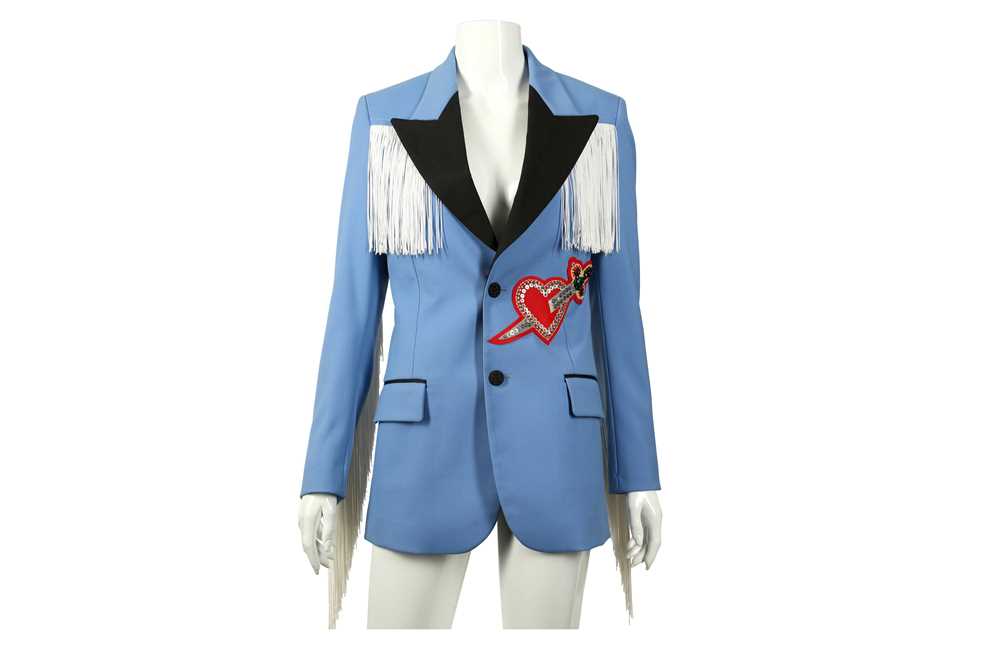 Lot 92 - Gucci Powder Blue Heart Applique Fringed Jacket - Size 38