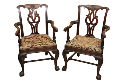 Lot 131 - A PAIR OF CHIPPENDALE STYLE MAHOGANY OPEN ARMCHAIRS, 18TH CENTURY AND LATER