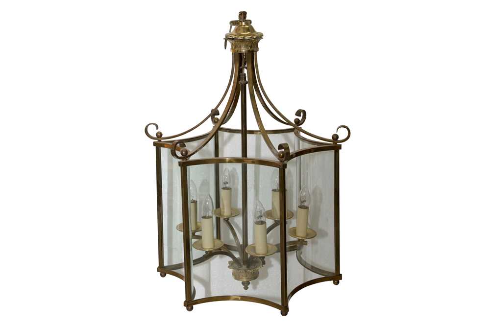 Lot 139 - A PAIR OF REGENCY STYLE BRASS HALL LANTERNS