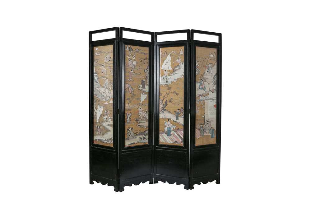 Lot 139 - A CHINESE FOLDING SCREEN WITH FOUR KESI PANELS.
