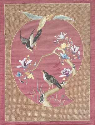 Lot 715 - A CHINESE EMBROIDERED SILK MAROON-GROUND 'PEACH AND MAGPIES' PANEL.