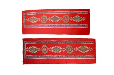 Lot 389 - A PAIR OF BOLD RED RASHT HANGINGS