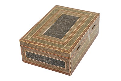 Lot 710 - A MID-20TH CENTURY IRANIAN (PERSIAN) SILVER INSET KHATAMKARI BOX, THE SILVER PANELS SHIRAZ CIRCA 1940