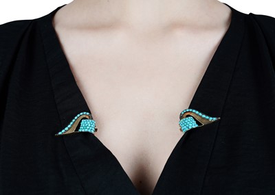 Lot 143 - A pair of turquoise clips, circa 1950