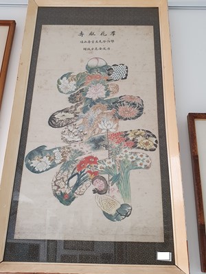 Lot 102 - A CHINESE PAINTING OF A SHOU CHARACTER ENCLOSING FLOWERS AND FRUIT.