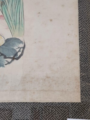 Lot 102 - A CHINESE PAINTING OF A SHOU CHARACTER ENCLOSING FLOWERS AND FRUIT.