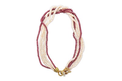 Lot 163 - A ruby, cultured pearl and diamond dragon necklace
