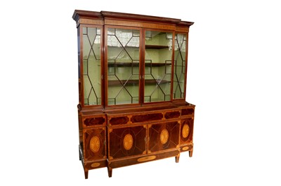 Lot 136 - A GEORGE III AND LATER MAHOGANY AND SATINWOOD BREAKFRONT BOOKCASE, IN THE ADAM STYLE