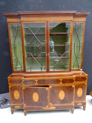 Lot 136 - A GEORGE III AND LATER MAHOGANY AND SATINWOOD BREAKFRONT BOOKCASE, IN THE ADAM STYLE