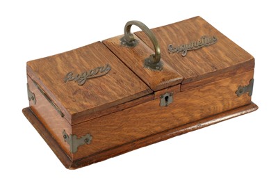 Lot 277 - AN OAK AND BRASS SMOKERS COMPENDIUM, LATE 19TH/EARLY 20TH CENTURY