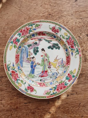 Lot 53 - A NEAR-PAIR OF CHINESE FAMILLE ROSE 'MAGU XIANSHOU' DISHES.