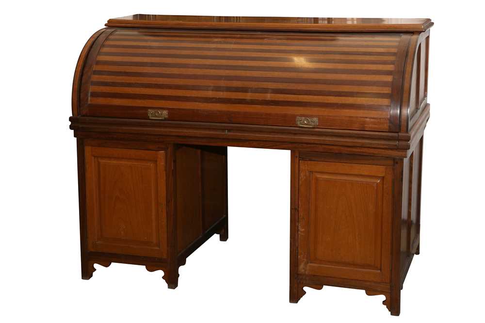 Lot 138 - AN ANGLO INDIAN TEAK AND ROSEWOOD CYLINDER BUREAU, MID 20TH CENTURY