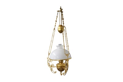 Lot 528 - AN ANGLO INDIAN RISE AND FALL GILT BRASS HANGING LAMP, LATE 20TH CENTURY