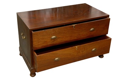 Lot 55 - AN ANGLO INDIAN PADOUK WOOD CAMPAIGN CHEST OF DRAWERS, CONVERTED INTO TWO LOW CHESTS, 20TH CENTURY