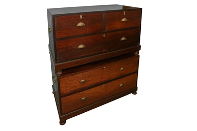 Lot 55 - AN ANGLO INDIAN PADOUK WOOD CAMPAIGN CHEST OF DRAWERS, CONVERTED INTO TWO LOW CHESTS, 20TH CENTURY
