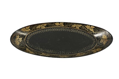 Lot 216 - A REGENCY NAVETTE SHAPED PAPIER-MACHE TRAY BY HENRY CLAY