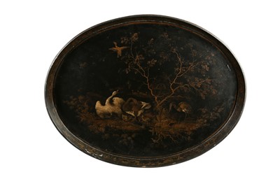 Lot 217 - A REGENCY OVAL BLACK JAPANNED AND PAPIER MACHE TRAY BY HENRY CLAY