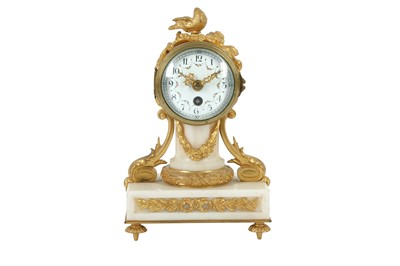 Lot 440 - A FRENCH GILT BRONZE AND WHITE MARBLE MINIATURE MANTEL CLOCK, 19TH CENTURY