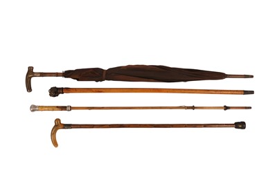 Lot 584 - λ THREE CANES AND AN UMBRELLA WITH RHINOCEROS HORN HANDLES.