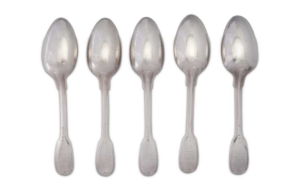 Lot 367 - Five George III sterling silver dessert spoons, London 1809/10 by Paul Storr (1771-1844, first reg. 12th Jan 1793)