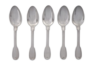 Lot 367 - Five George III sterling silver dessert spoons, London 1809/10 by Paul Storr (1771-1844, first reg. 12th Jan 1793)