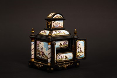 Lot 2 - A LATE 19TH CENTURY VIENNESE ENAMEL MINIATURE TABLE CABINET