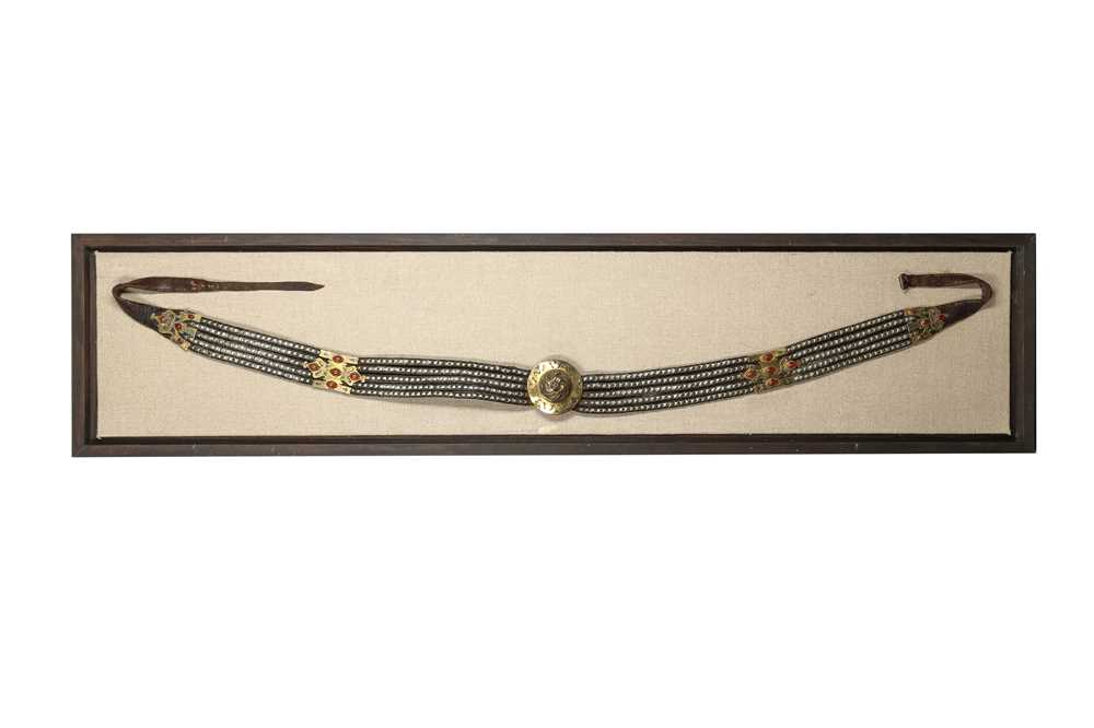 Lot 245 - A LARGE TURKMEN HORSE PECTORAL BELT WITH SILVER STUDS AND CARNELIAN-ENCRUSTED FITTINGS