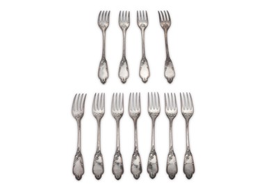 Lot 161 - A set of eleven Nicholas II Russian provincial 84 zolotnik (875 standard) silver table forks, Kostroma 1898-1908 by W.H in an oval (untraced)