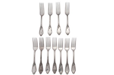 Lot 161 - A set of eleven Nicholas II Russian provincial 84 zolotnik (875 standard) silver table forks, Kostroma 1898-1908 by W.H in an oval (untraced)