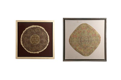 Lot 400 - A BROCADED PANEL AND A CIRCULAR EMBROIDERED PANEL