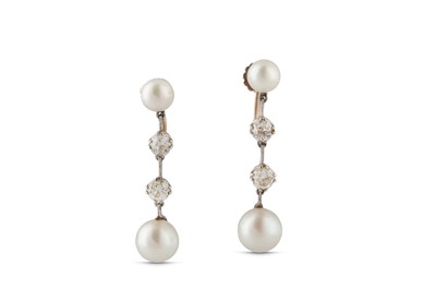 Lot 134 - A pair of cultured pearl and diamond pendent earrings