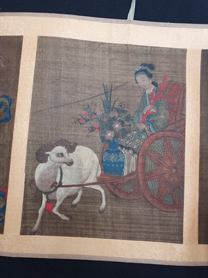 Lot 143 - TWELVE CHINESE PAINTINGS OF LADIES WITH ANIMALS.