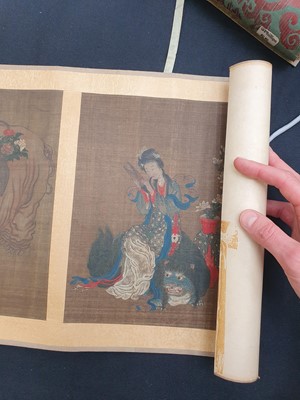 Lot 143 - TWELVE CHINESE PAINTINGS OF LADIES WITH ANIMALS.