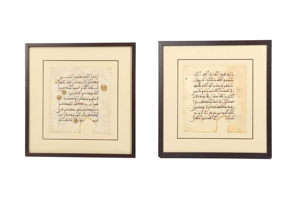 Lot 264 - TWO LOOSE MAGHRIBI QUR’AN FOLIOS, SURA AL-AHZAB 33:37 AND 33:40-44