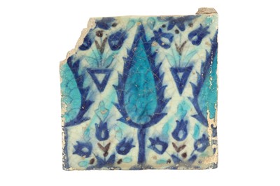 Lot 280 - A DAMASCUS BLUE AND TURQUOISE POTTERY TILE WITH CYPRESS TREES