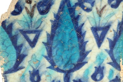 Lot 280 - A DAMASCUS BLUE AND TURQUOISE POTTERY TILE WITH CYPRESS TREES