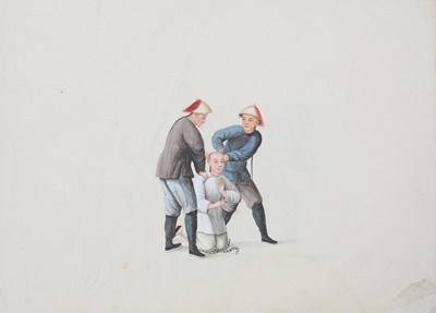 Lot 410 - A CHINESE ALBUM OF TWENTY-FIVE PITH PAINTINGS OF PUNISHMENTS.