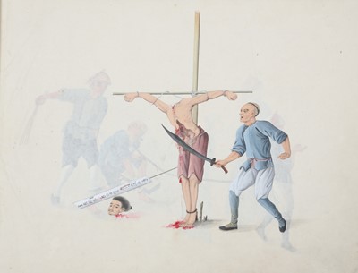 Lot 411 - A CHINESE ALBUM OF TWENTY-THREE PITH PAINTINGS OF PUNISHMENTS.