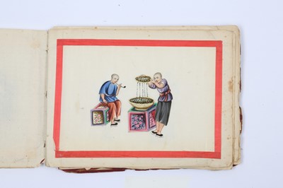 Lot 420 - A CHINESE ALBUM OF TWELVE PITH PAINTINGS OF TEA PRODUCTION.