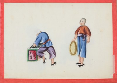 Lot 420 - A CHINESE ALBUM OF TWELVE PITH PAINTINGS OF TEA PRODUCTION.